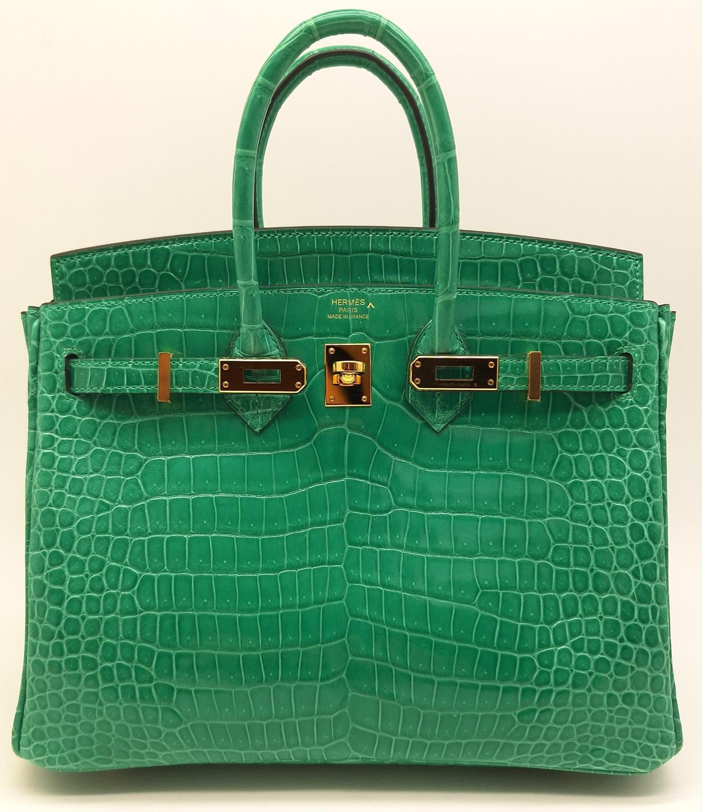 Hermes Birkin 25 vert jade shiny porosus crocodile leather gold hardware