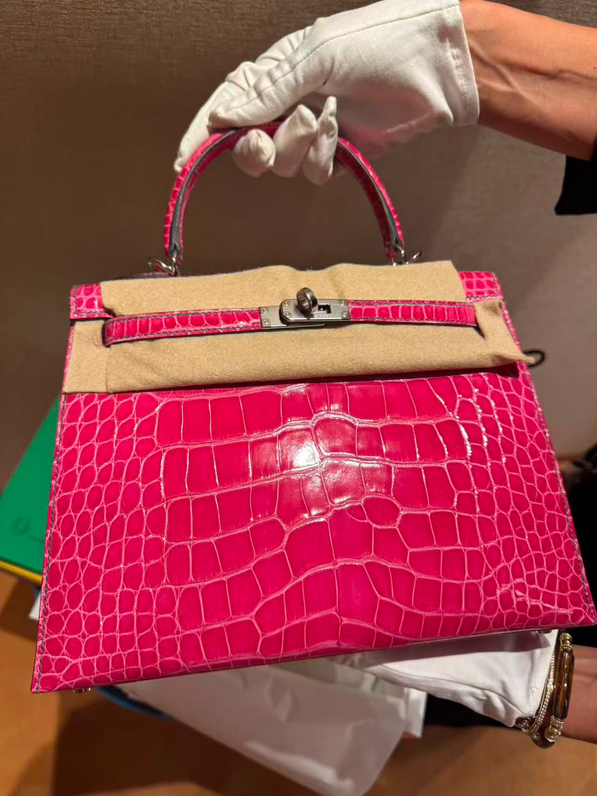 Hermes Kelly 25 Rose Mexico Shiny Alligator leather palladium hardware
