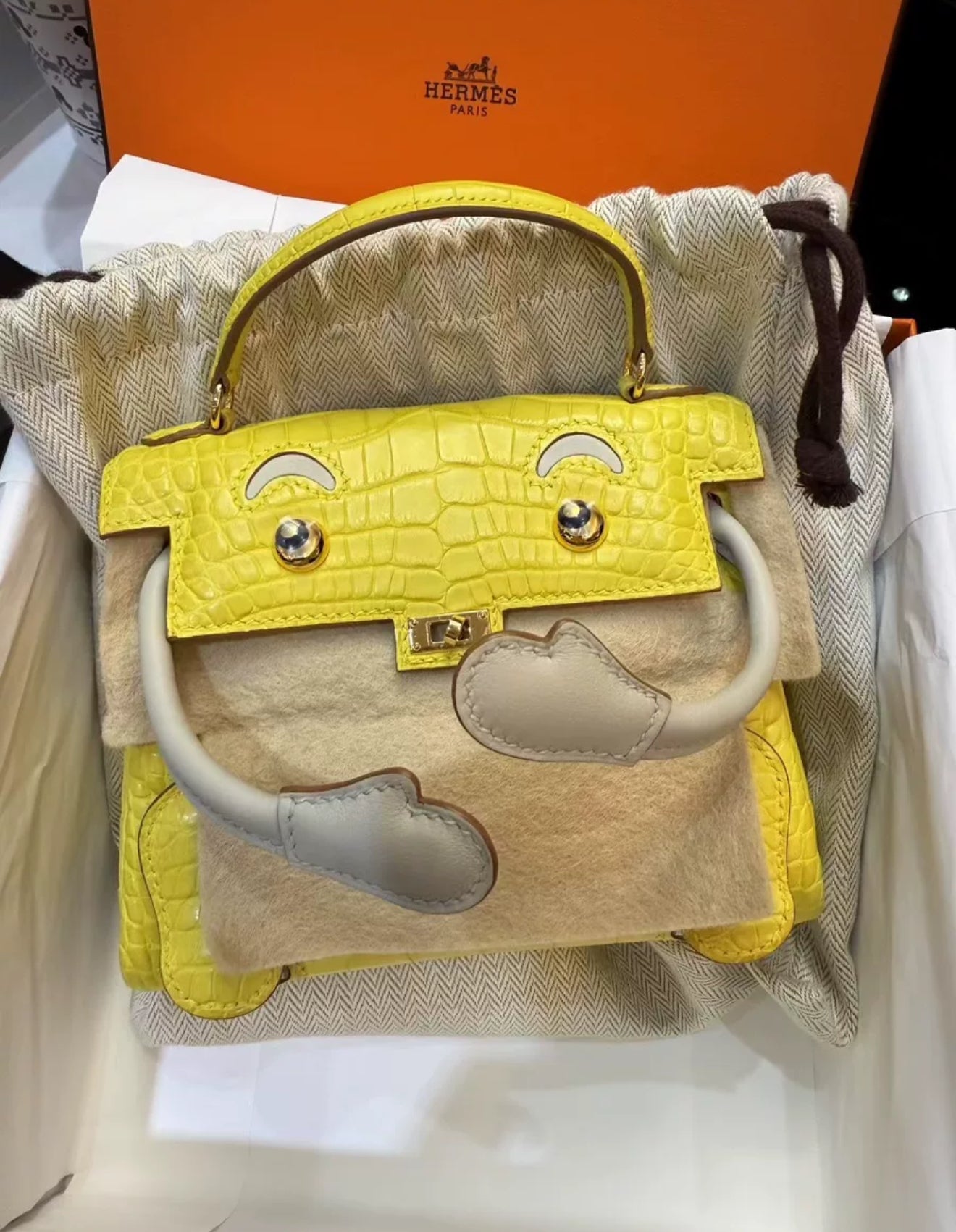 Hermès Kelly Doll Marigold Yellow Matte Alligator Pearl gray Swift