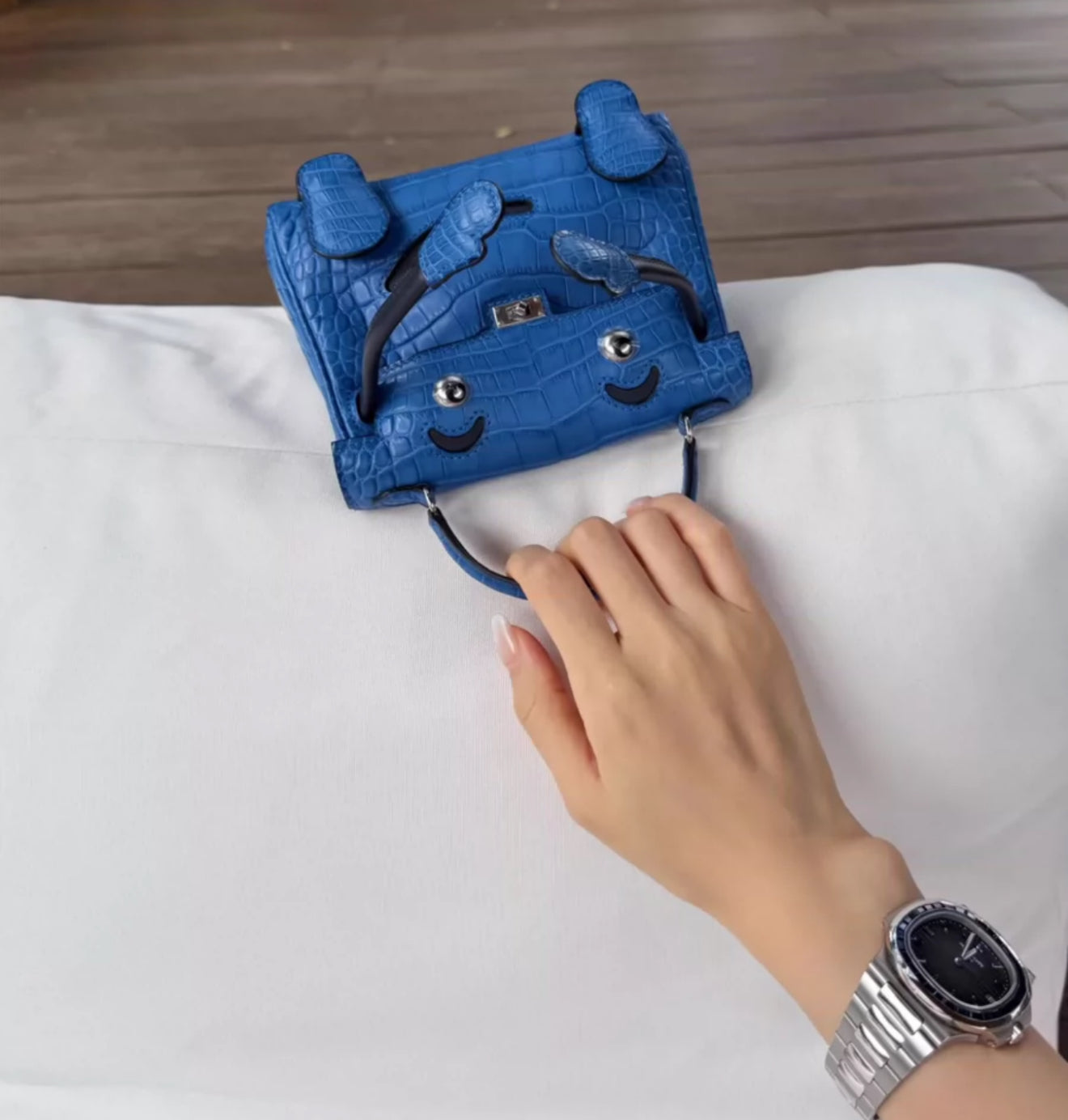 Hermes Kelly Doll Bleu Electric Matte Alligator & Black Swift Leather Palladium Hardware