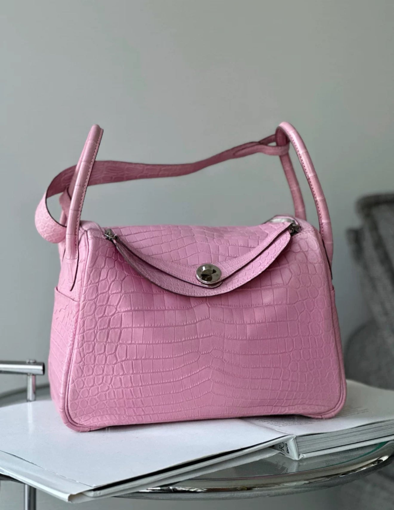 HERMES ライリー　58サイズ　7/8迄出品中 Hermès Lindy 30 5P Bubblegum Matte alligator Leather Palladium