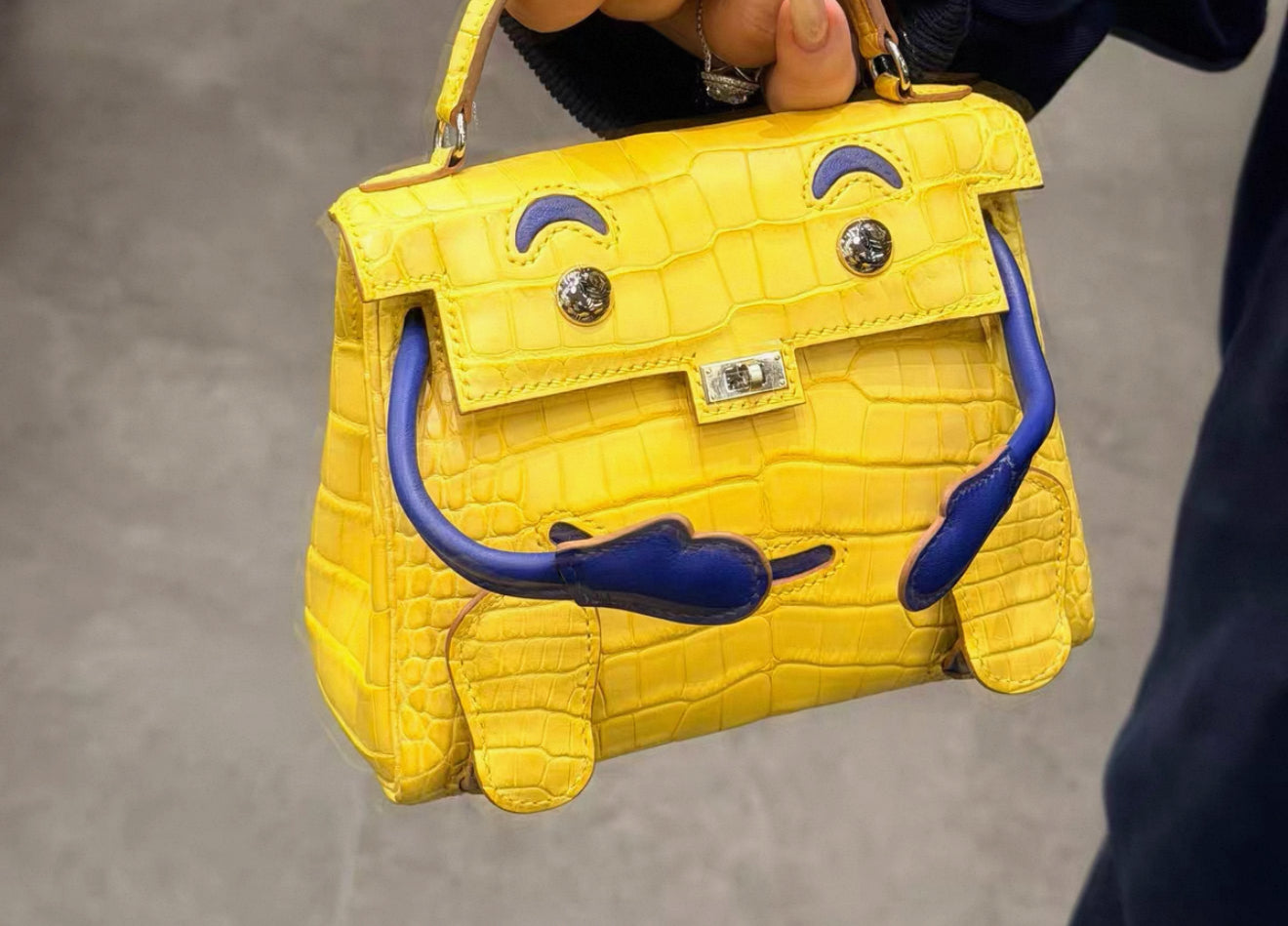 Hermès Kelly Doll Yellow Marigold Matte Alligator Blue electric Swift leather Palladium Hardwarea