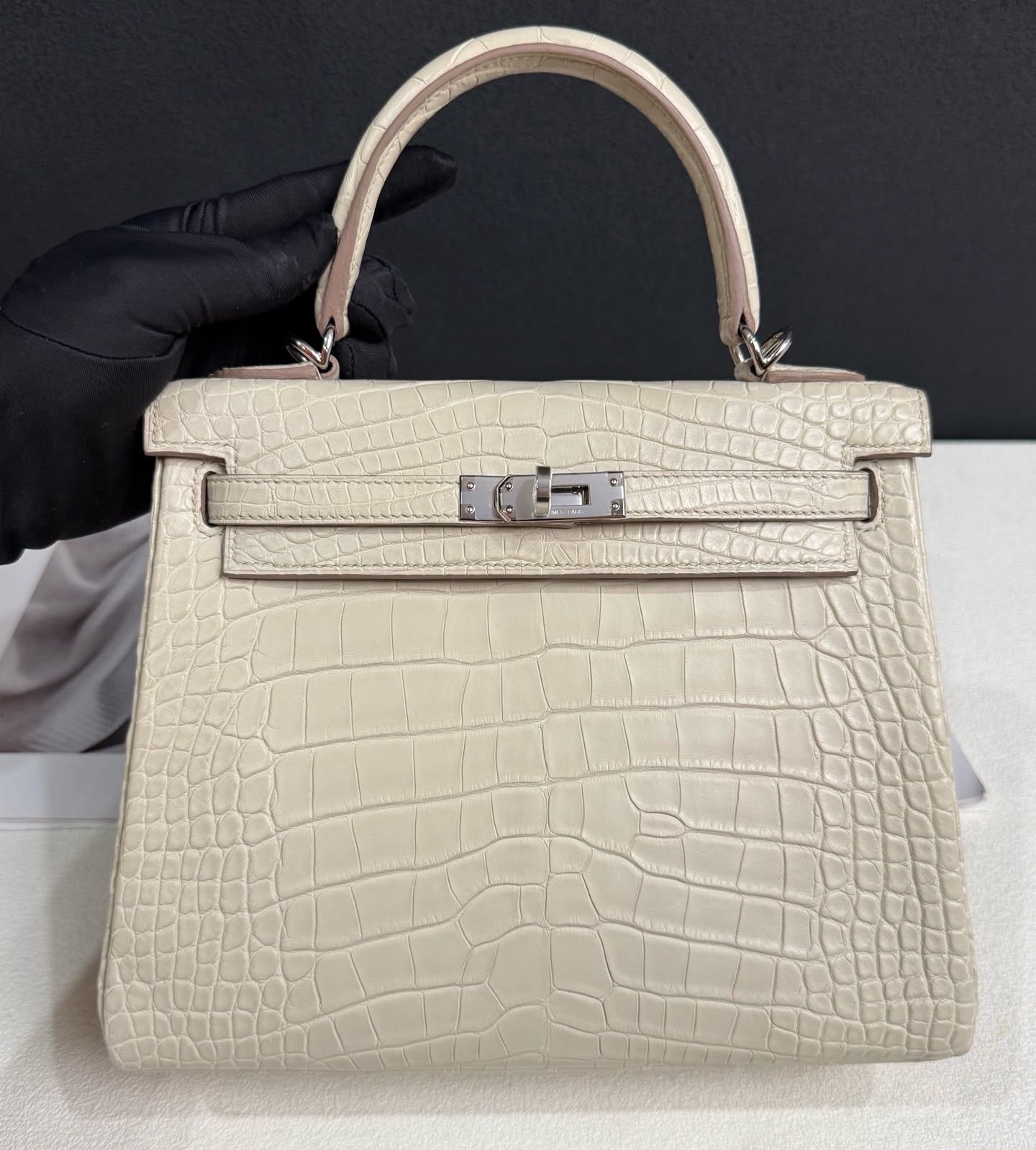 Hermes Kelly 25 beton matte alligator palladium hardware