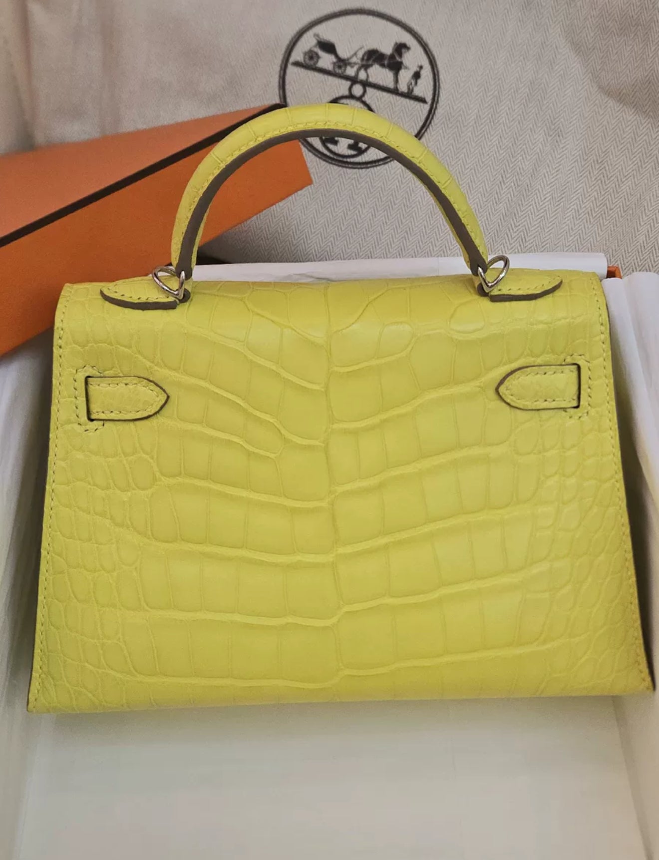 Hermès Mini Kelly Lime Matte Crocodile Leather Palladium Hardware