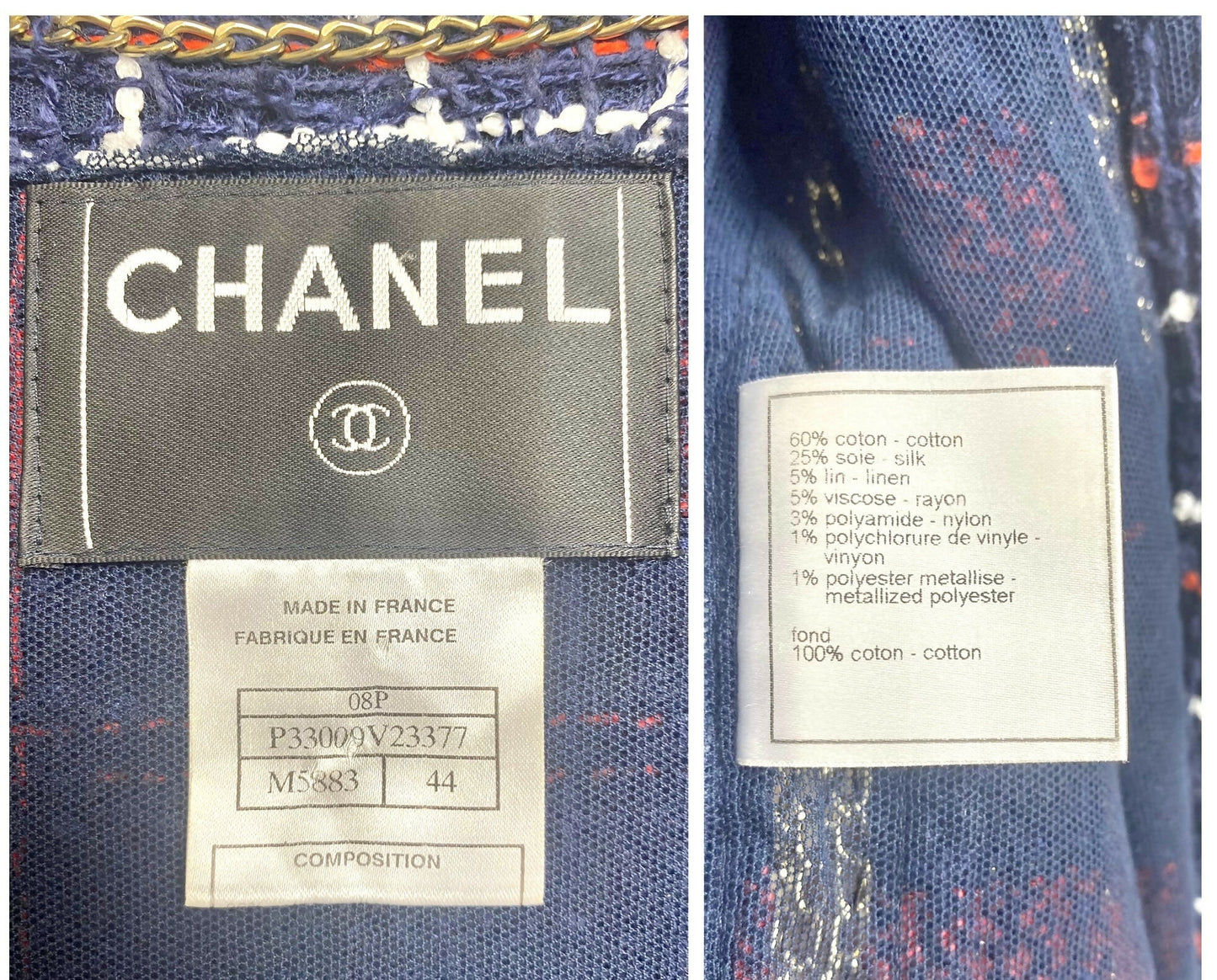 RARE CHANEL 08P RUNWAY BLUE RED GOLD CC MULTI CHAINS TWEED JACKET FR 44