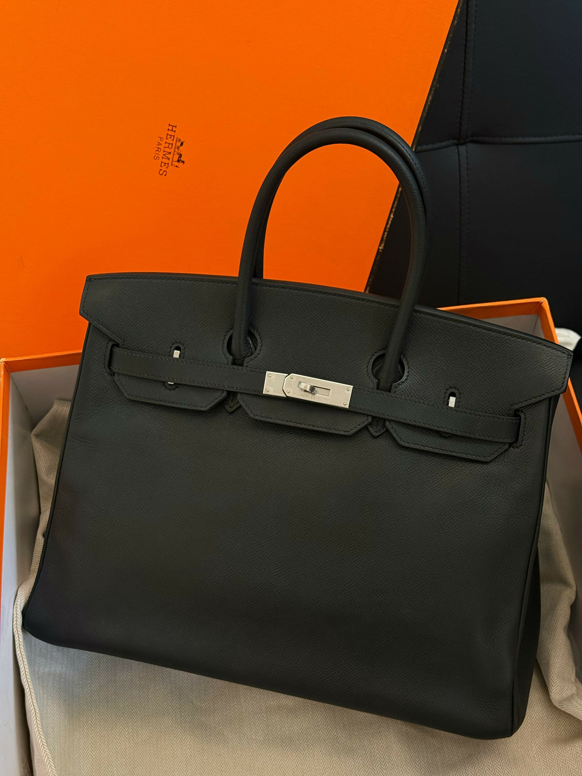 Hermès Birkin 35 Noir / Black Epsom Leather with Palladium Hardware Square