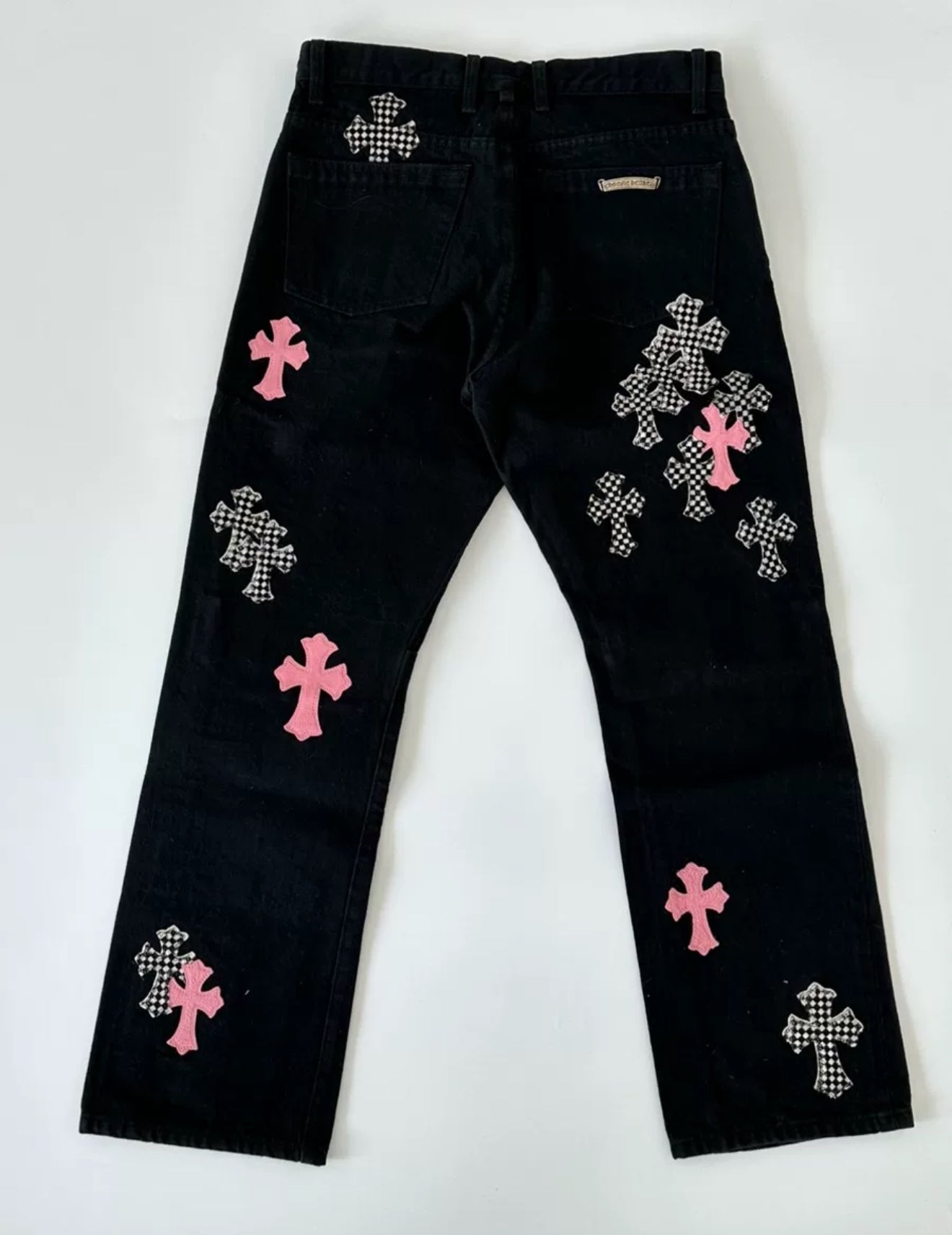 Chrome Hearts Black Pink & Checkered Cross Patch Fleur Jeans