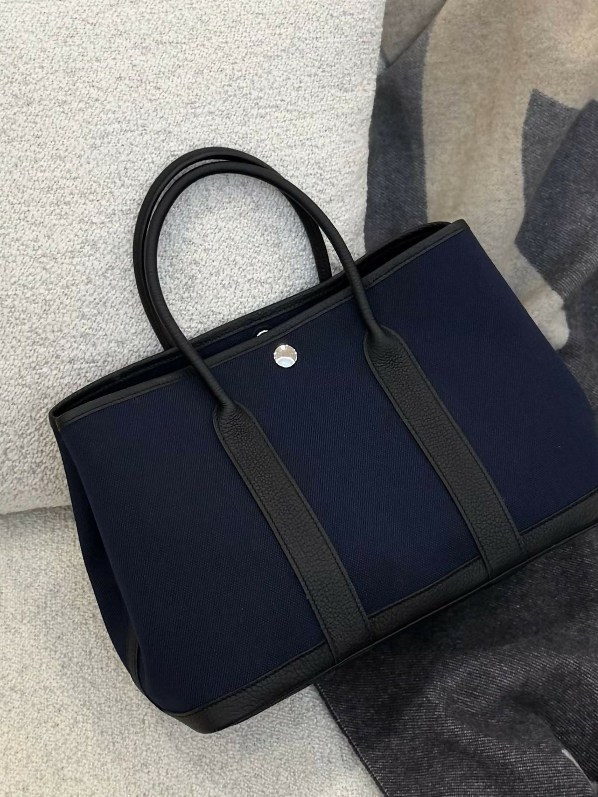 Hermès Garden Party 30 Bleu Nuit / Deep Sea Blue Canvas with Noir / Black Leather Trim