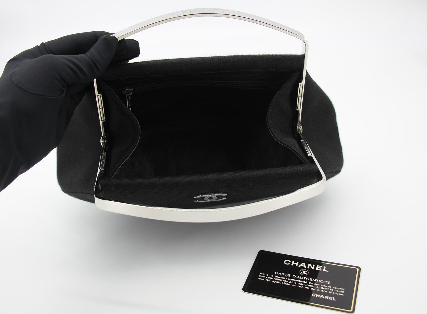 Chanel vintage black clutch with silver hardware handle