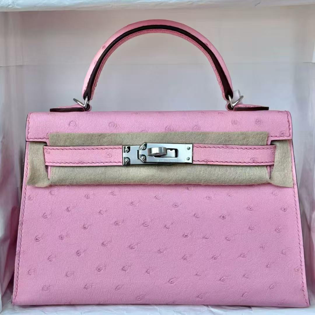 Hermès Mini Kelly Pink Bubblegum Ostrich Leather Palladium