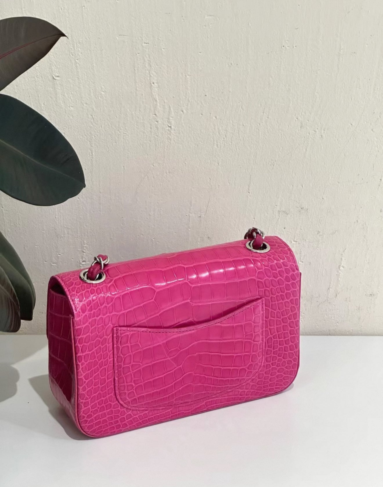 Chanel pink alligator leather mini flap silver hardware
