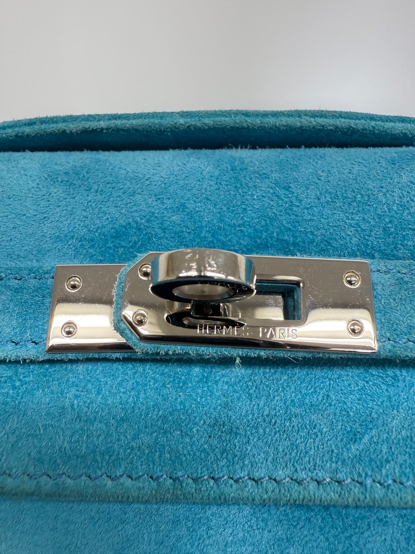 Hermes Kelly Pochette Blue Doblis Suede leather palladium hardware