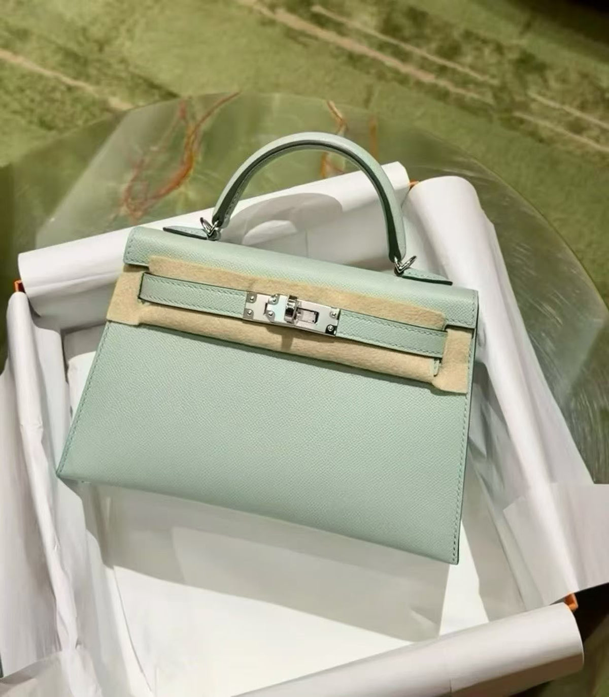 Hermes Mini Kelly 20 Vert d’Eau Madame Palladium hardware stamp G