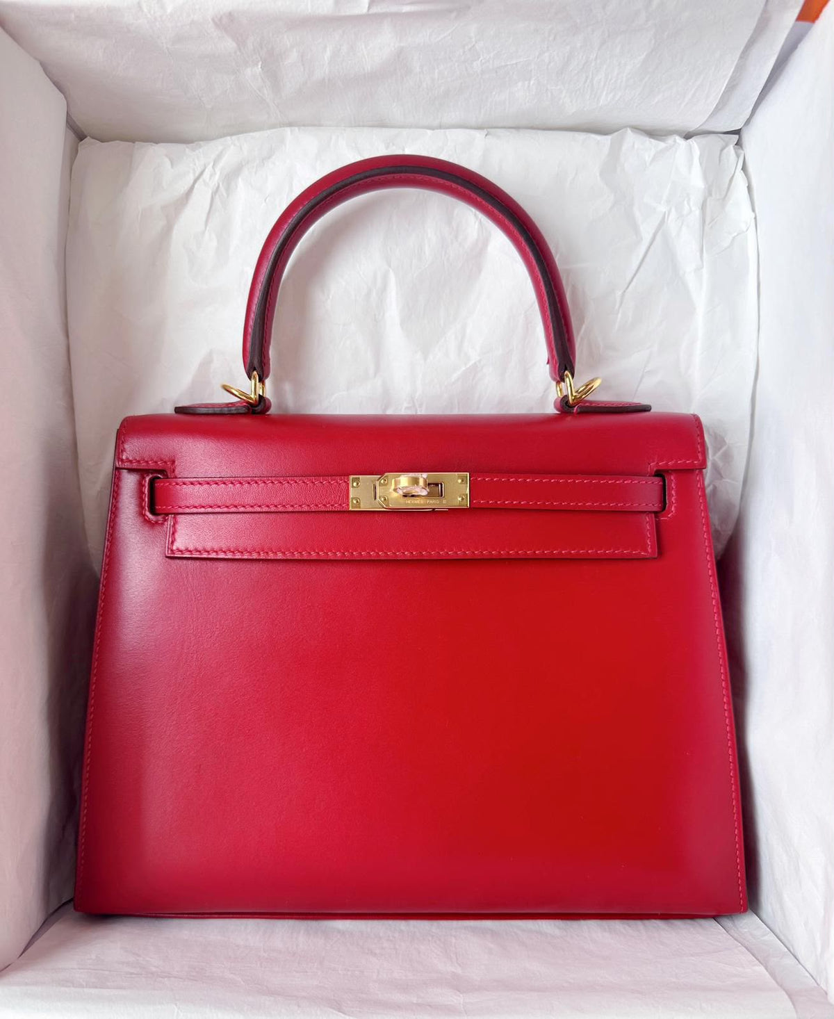 Hermes Kelly 25 Rouge Vif Tadelakt Gold hardware stamp Z