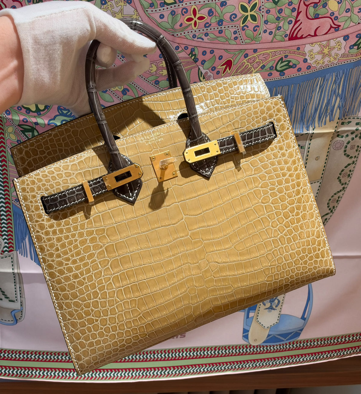 Hermes Birkin 25 HSS Poussiere x graphite shiny porosus brushed gold hardware stamp Z
