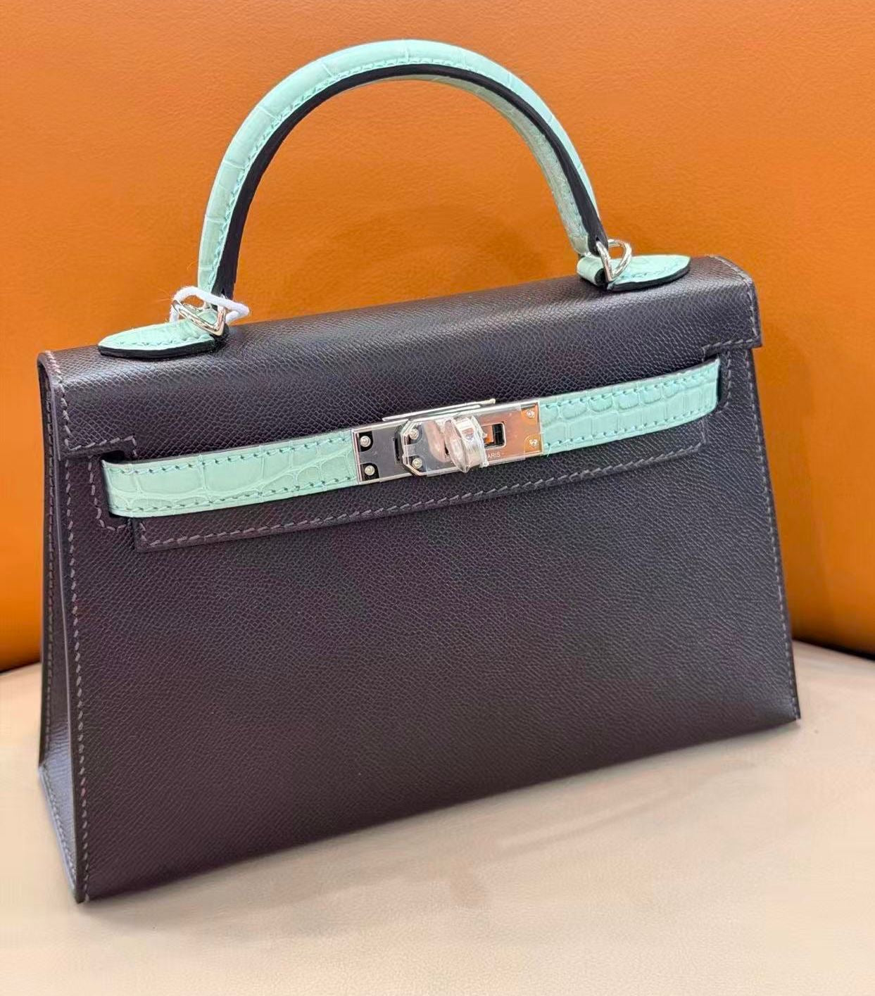 Hermes Mini Kelly 20 Touch Vert d’Eau Matte Alligator & Bai Brun Madame leather Palladium hardware