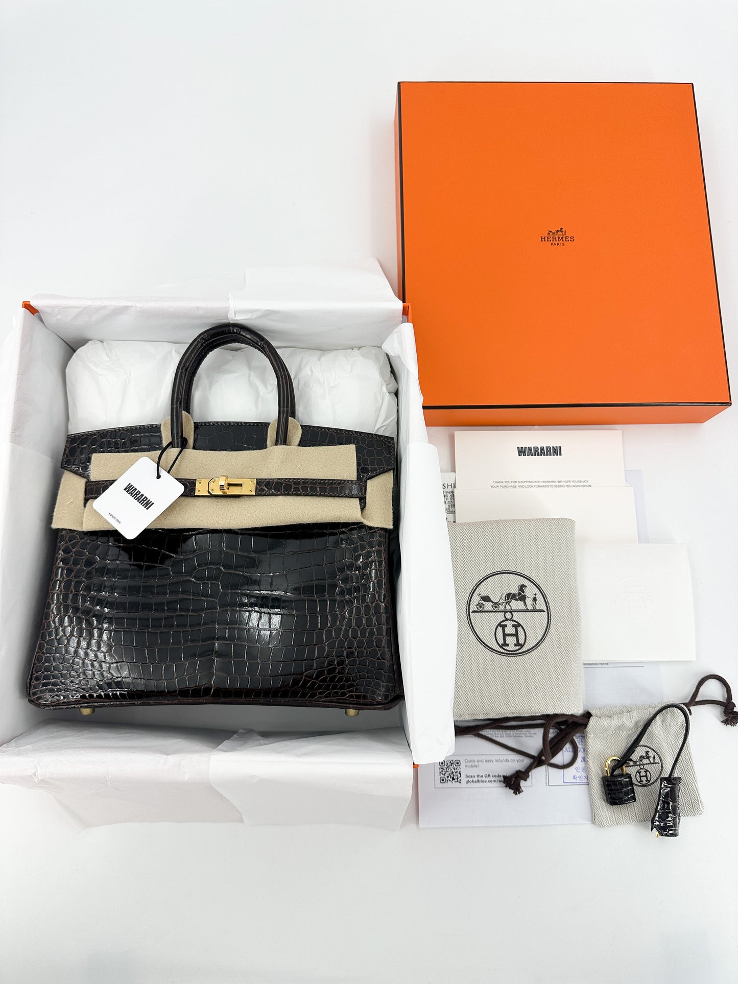 Hermes Birkin 25 Havane Shiny Porosus crocodile leather Gold hardware