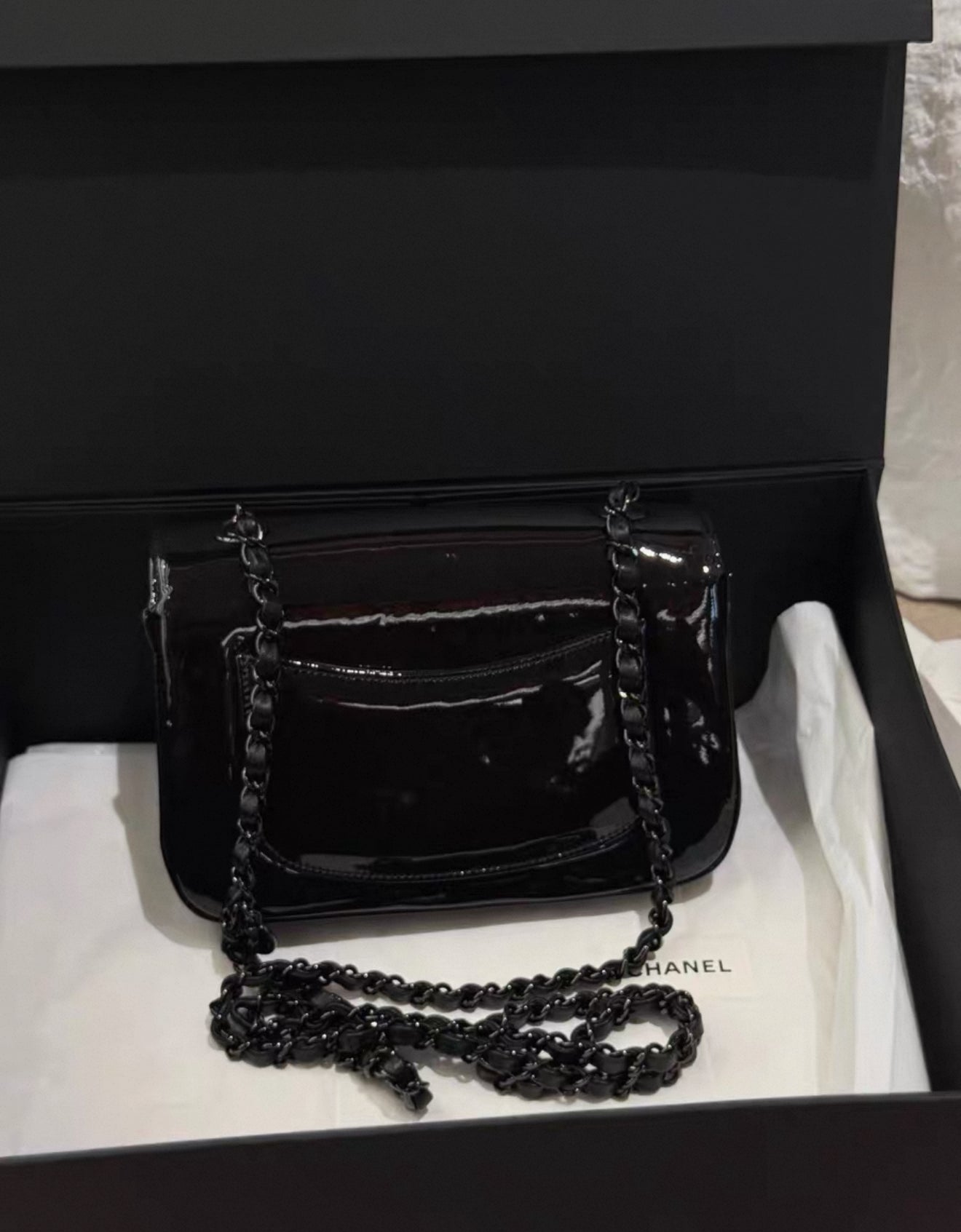 CHANEL 23K Black Patent Camellia Single Flap Bag Light Gold Hardware