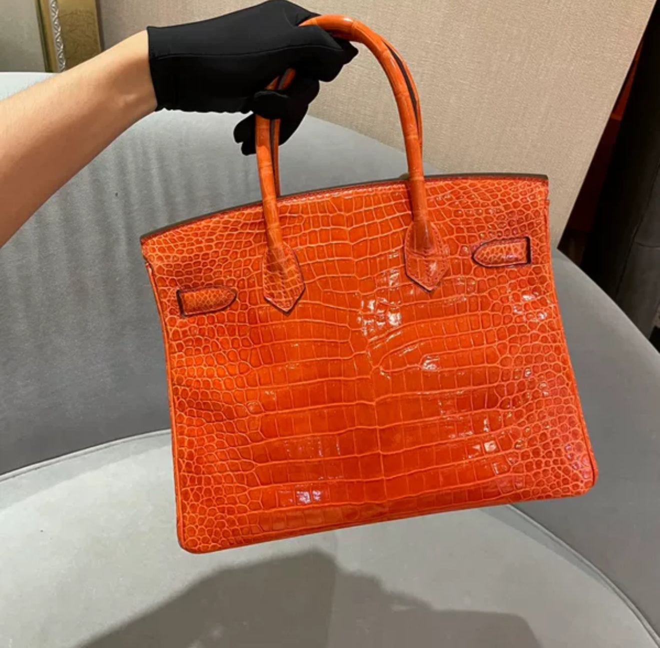 Hermès Birkin 30 Orange Shiny Porosus Crocodile Gold Hardware