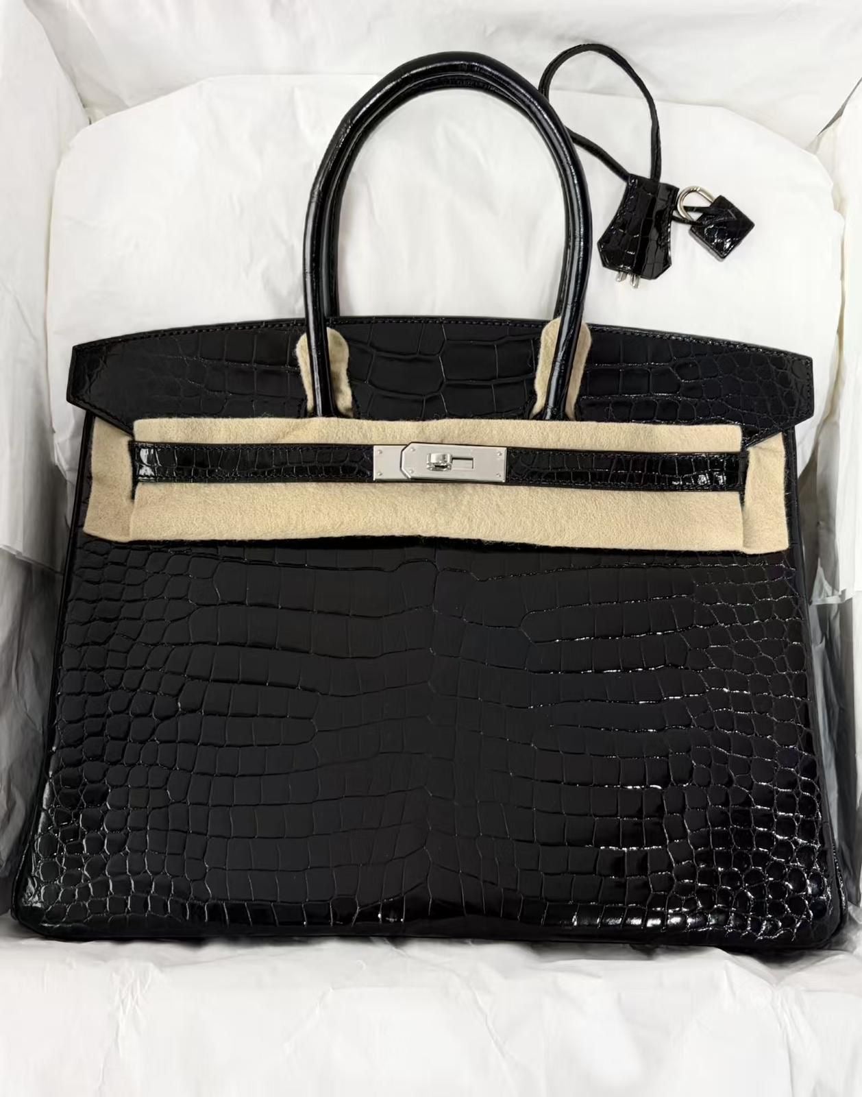 Hermes Birkin 35 Black Shiny Porosus Palladium hardware