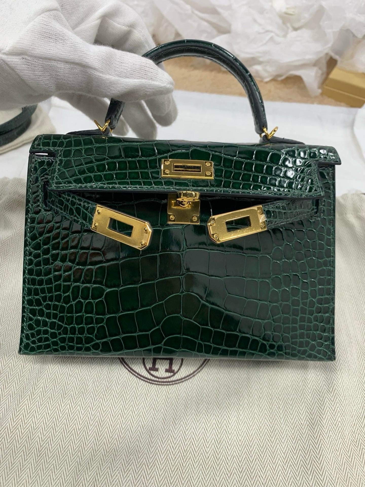 Hermes Mini Kelly 20 Vert Fonce shiny Alligator leather Gold