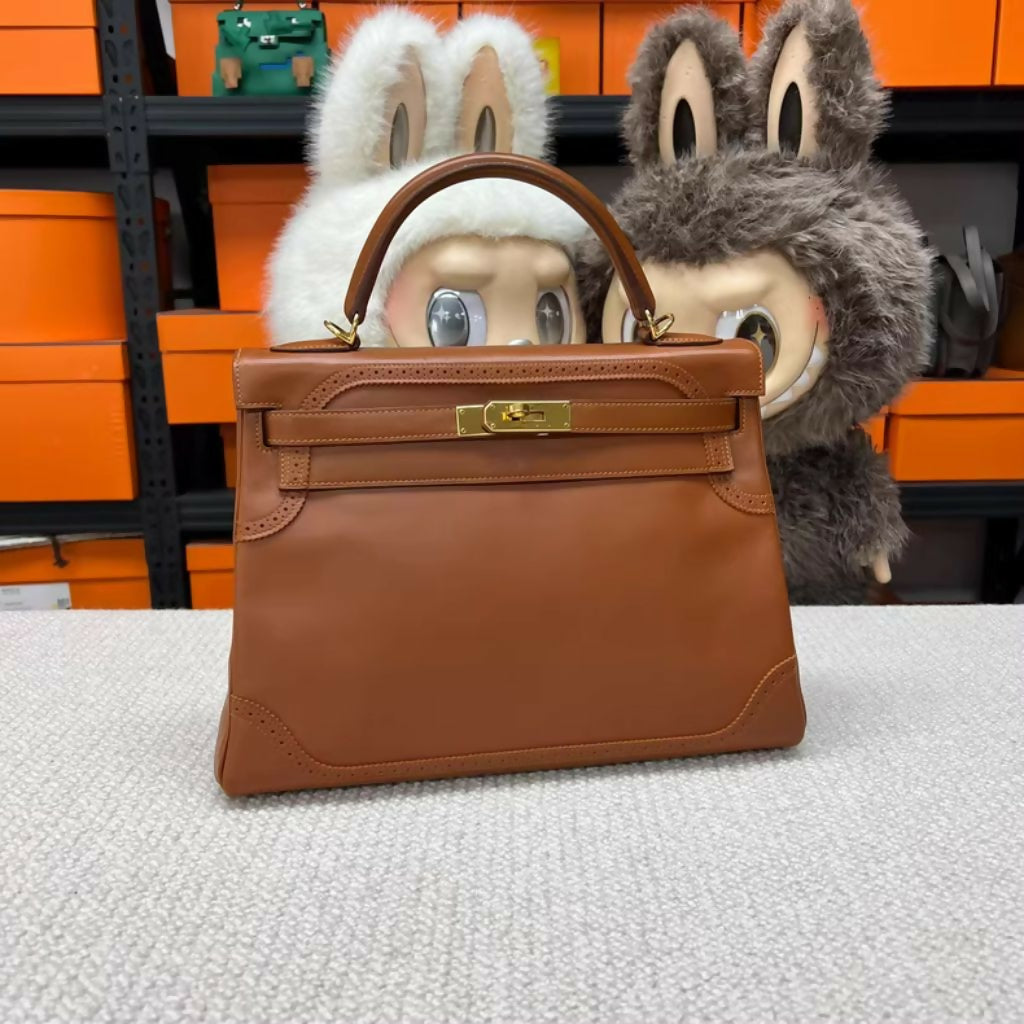 Hermes Kelly Ghillies bag 35 Retourne Fauve Tadelakt leather gold