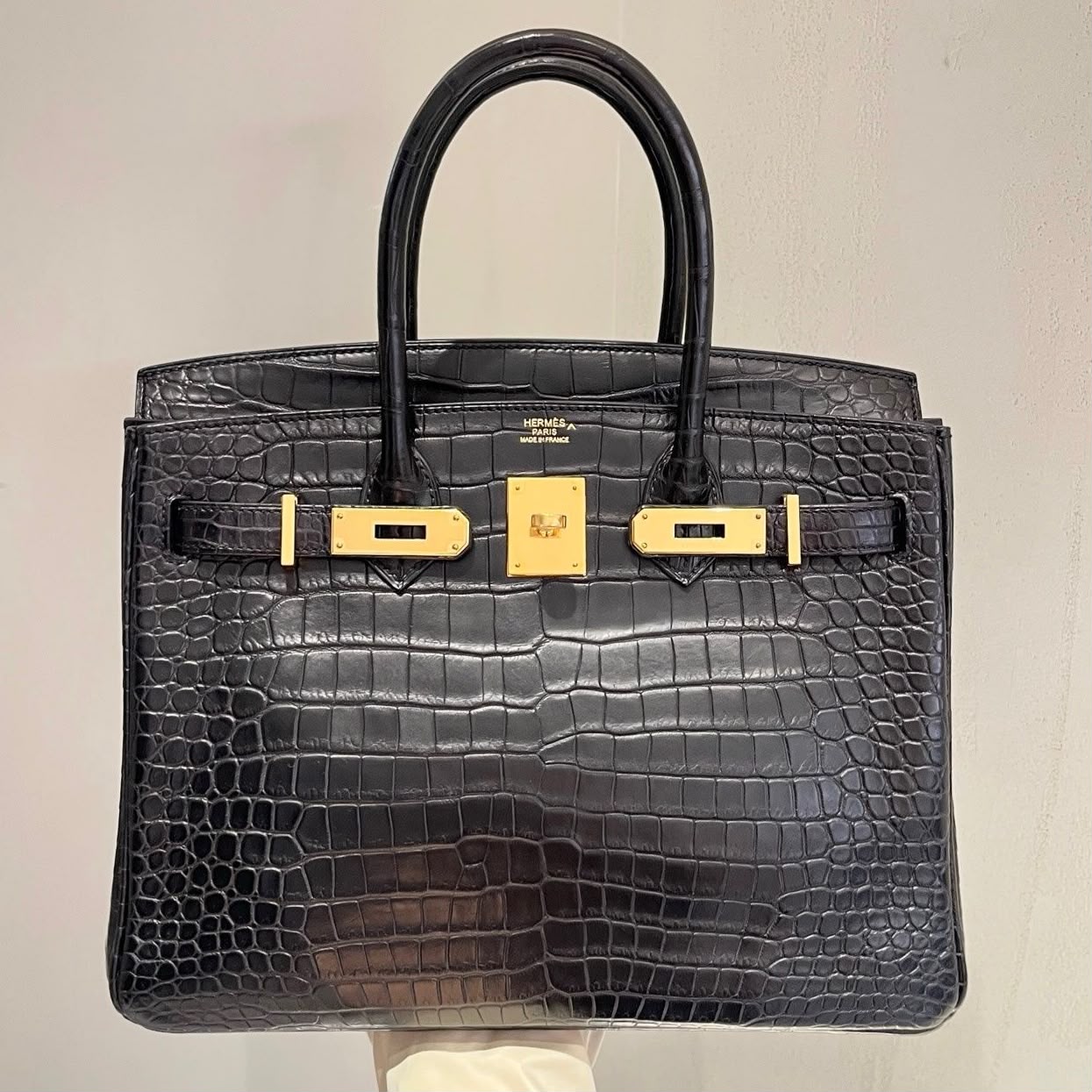 Hermes Birkin 30 black matte porosus crocodile leather gold hardware