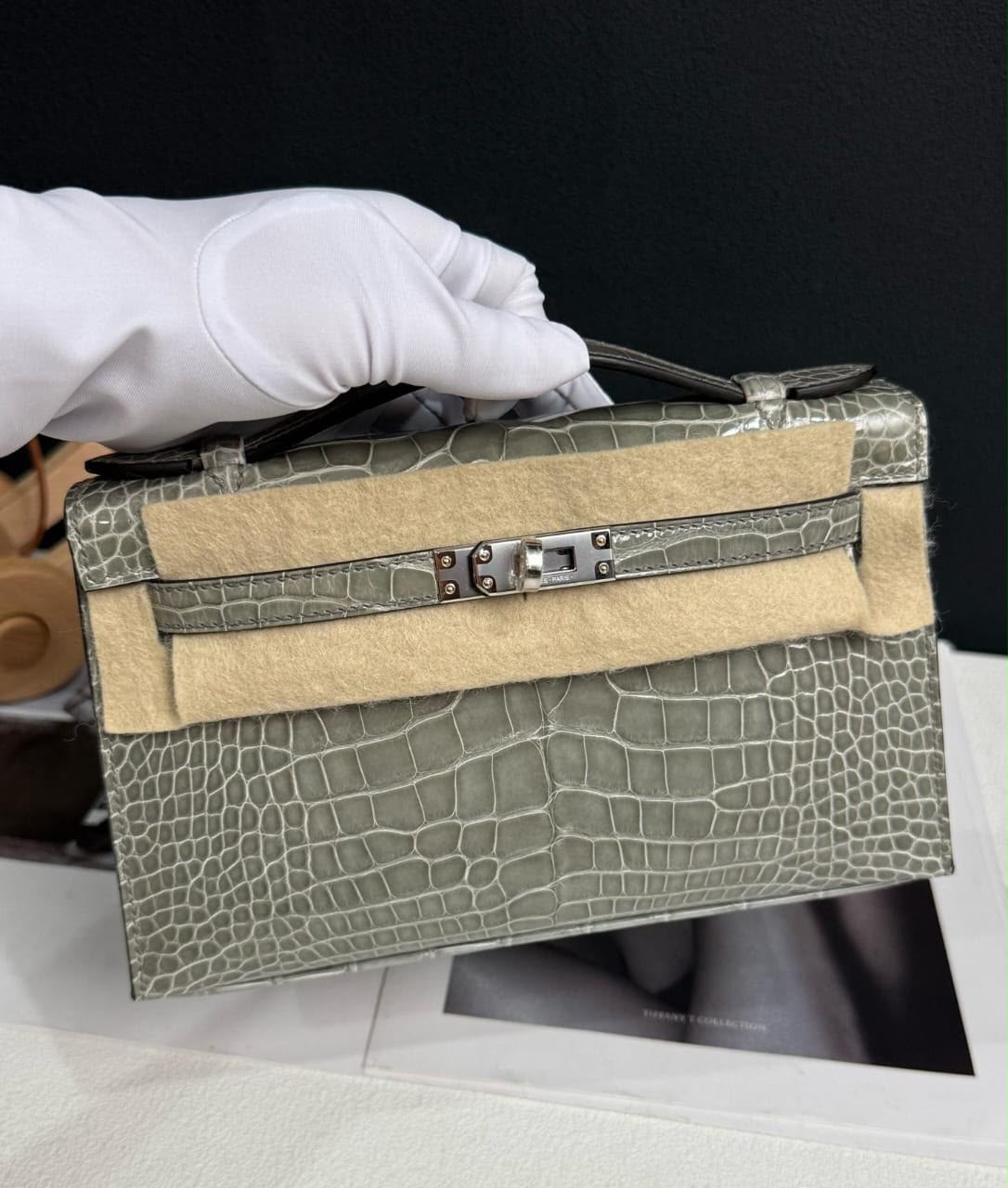Hermes Kelly Pochette Gris Ciment Shiny Alligator Palladium