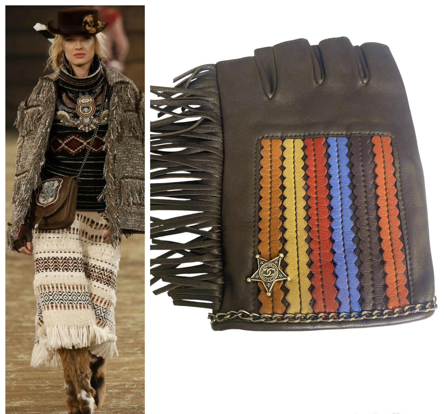 Rare Chanel 14A Paris Dallas Dark Brown Multicolor Gloves 8