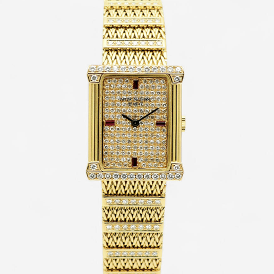 Patek Philippe Legreck 4633 Greek Goddess Original Diamond Full Pavé Vintage Women's Gold Watch 1980s