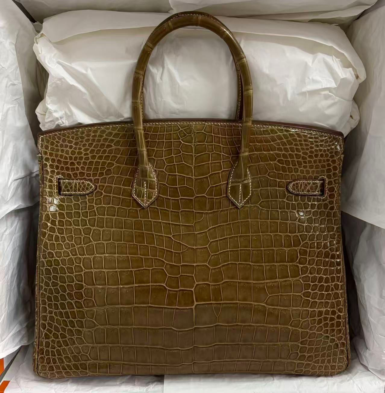 Hermès Birkin 35 Ficelle shiny crocodile leather White gold Diamond hardware