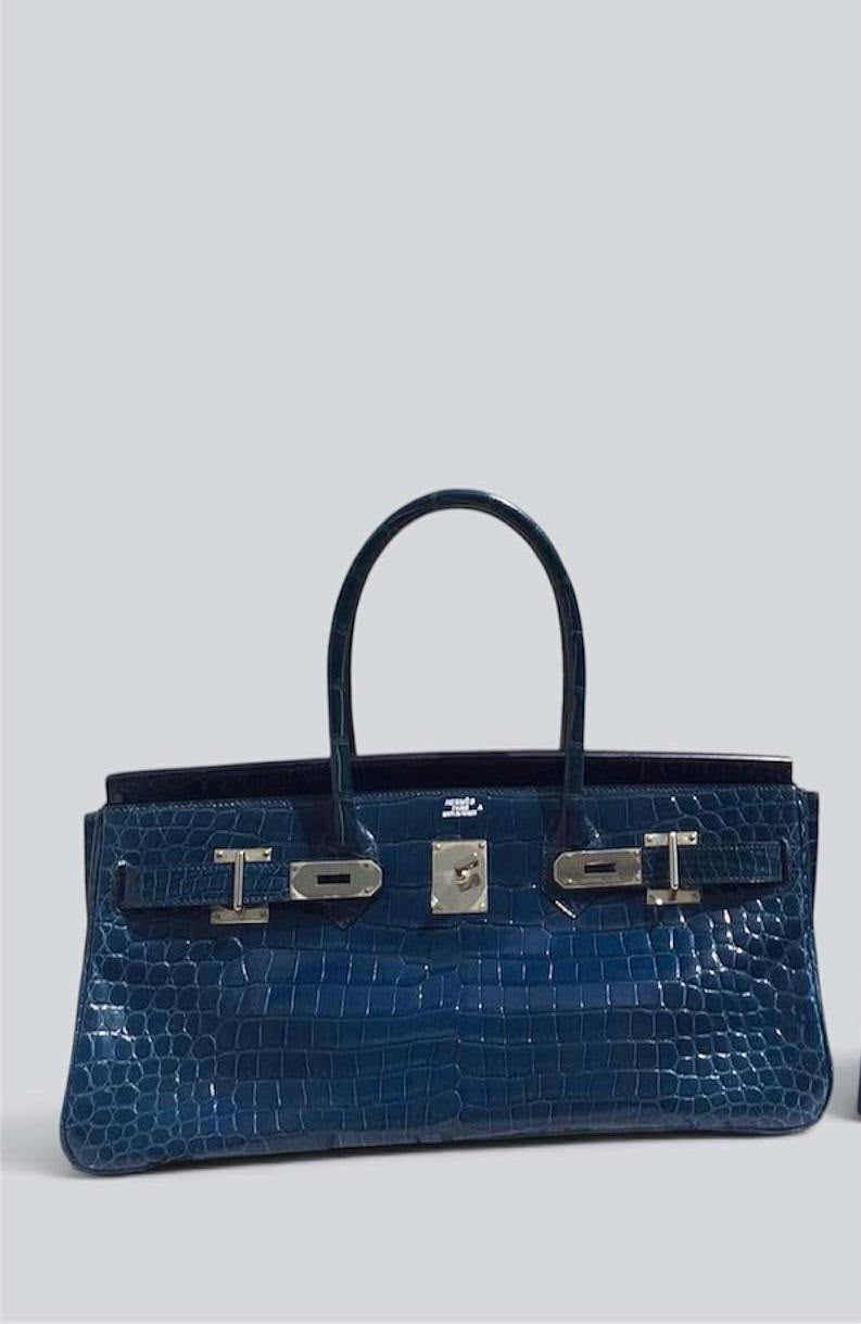 Hermes Birkin shoulder JPG Blue Porosus shiny crocodile leather palladium hardware