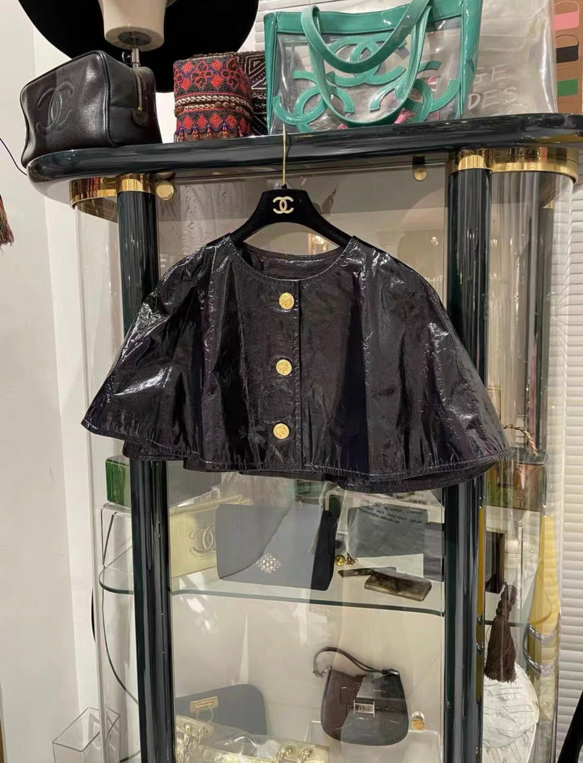 Chanel 16A Paris A Rome Cape in Lambskin Patent Black leather gold
