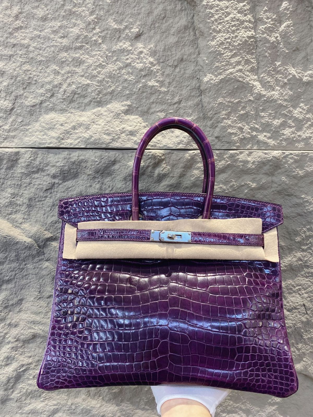 Hermes Birkin 30 Amethyste Shiny Porosus leather palladium hardware