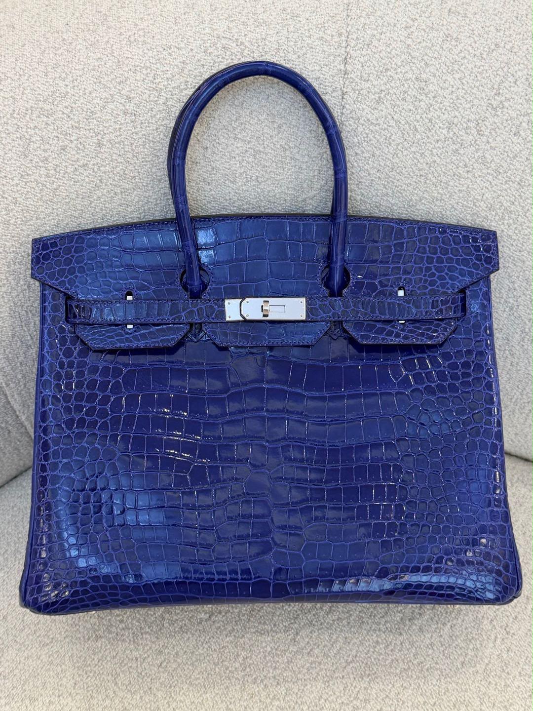 Hermes Birkin 35 Blue Electrique Shiny Porosus Palladium Harwdare
