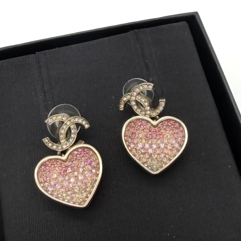 Chanel pink diamond heart pendant earrings