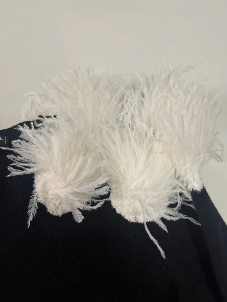 Chanel 23K black sweater with ostrich white feathers