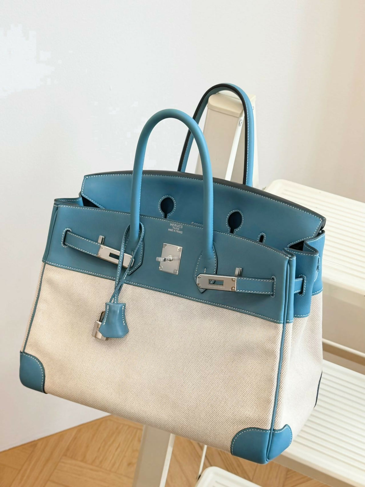 Hermès Birkin 35 Blue Swift Leather & Toile Canvas with Palladium Hardware