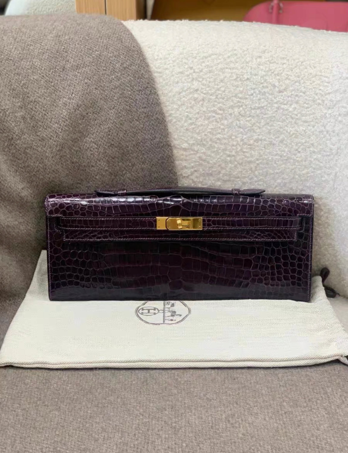 Hermès Kelly Cut Amethysts shiny Crocodile with gold hardware