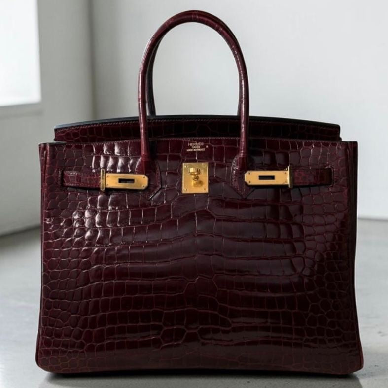 Hermès Birkin 35 Bordeaux Shiny Porosus Gold hardware