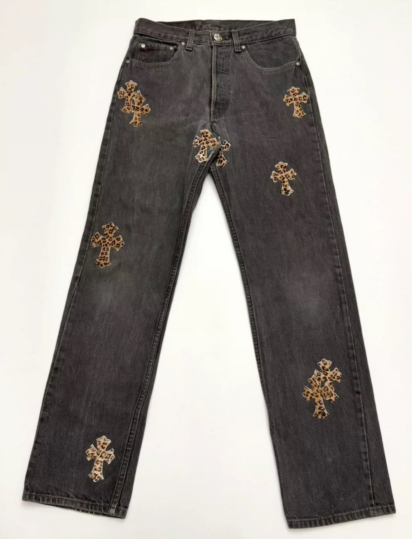 Chrome Hearts Black Jeans Leopard Crosses