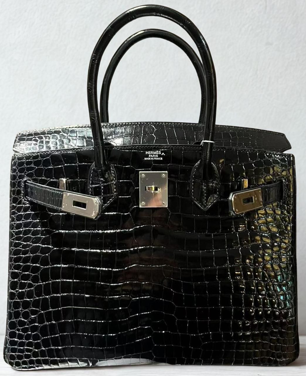 Hermes Birkin 30 Black Shiny Porosus Palladium hardware