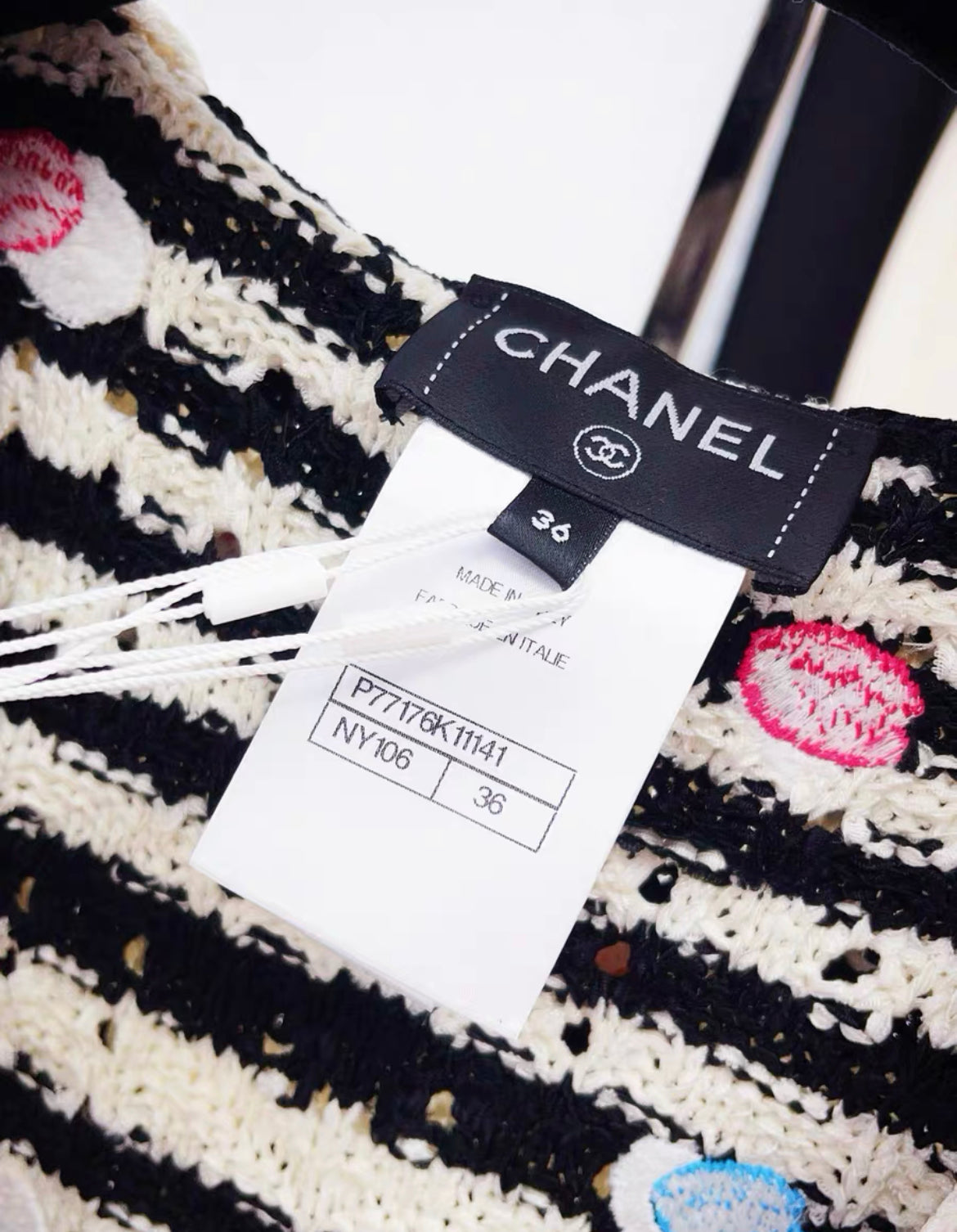 Chanel 24S black and white striped colorful polka dot navy collar knitted top size 36