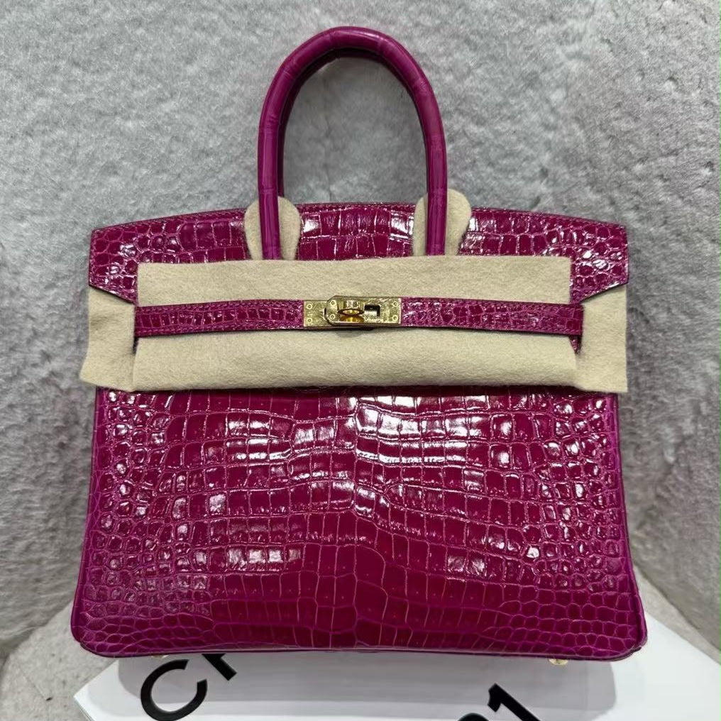 Hermes Birkin 25 rose poupre shiny porosus leather gold hardware