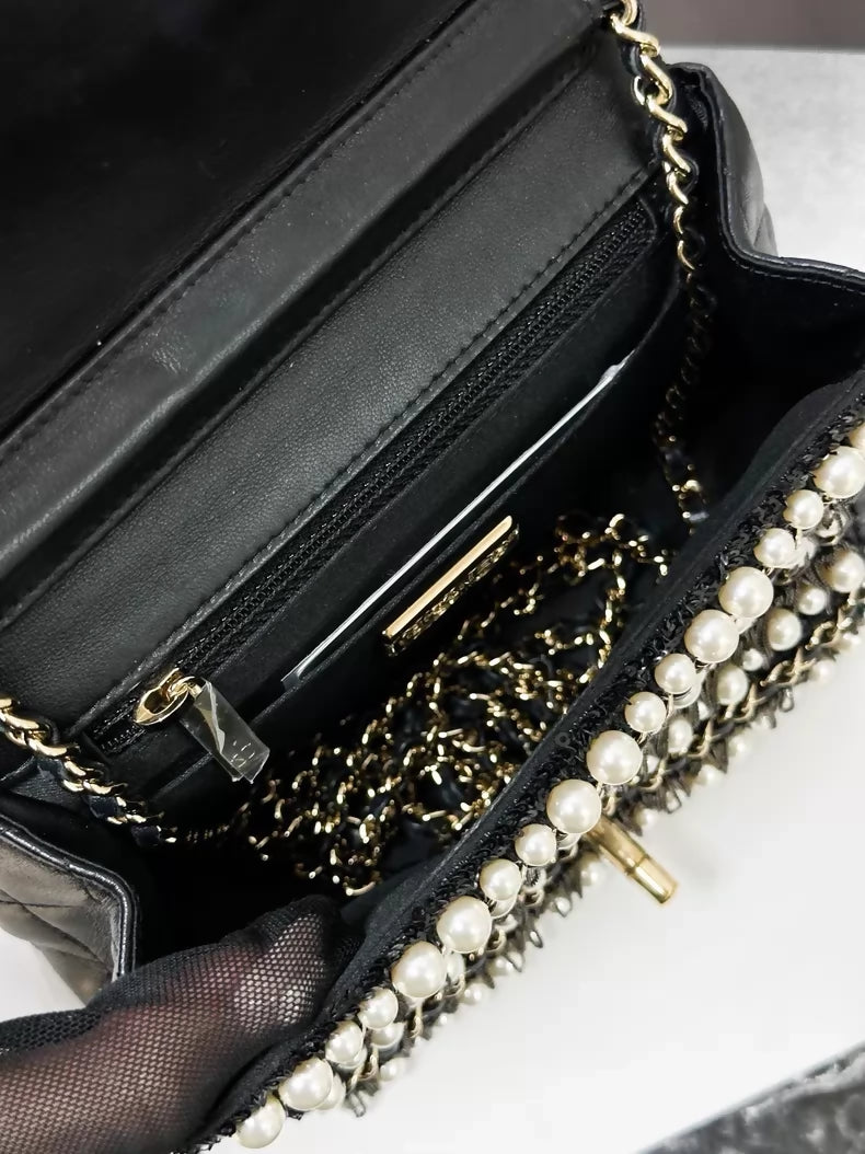 Chanel 20B black and gold pearl chain square crossbody bag