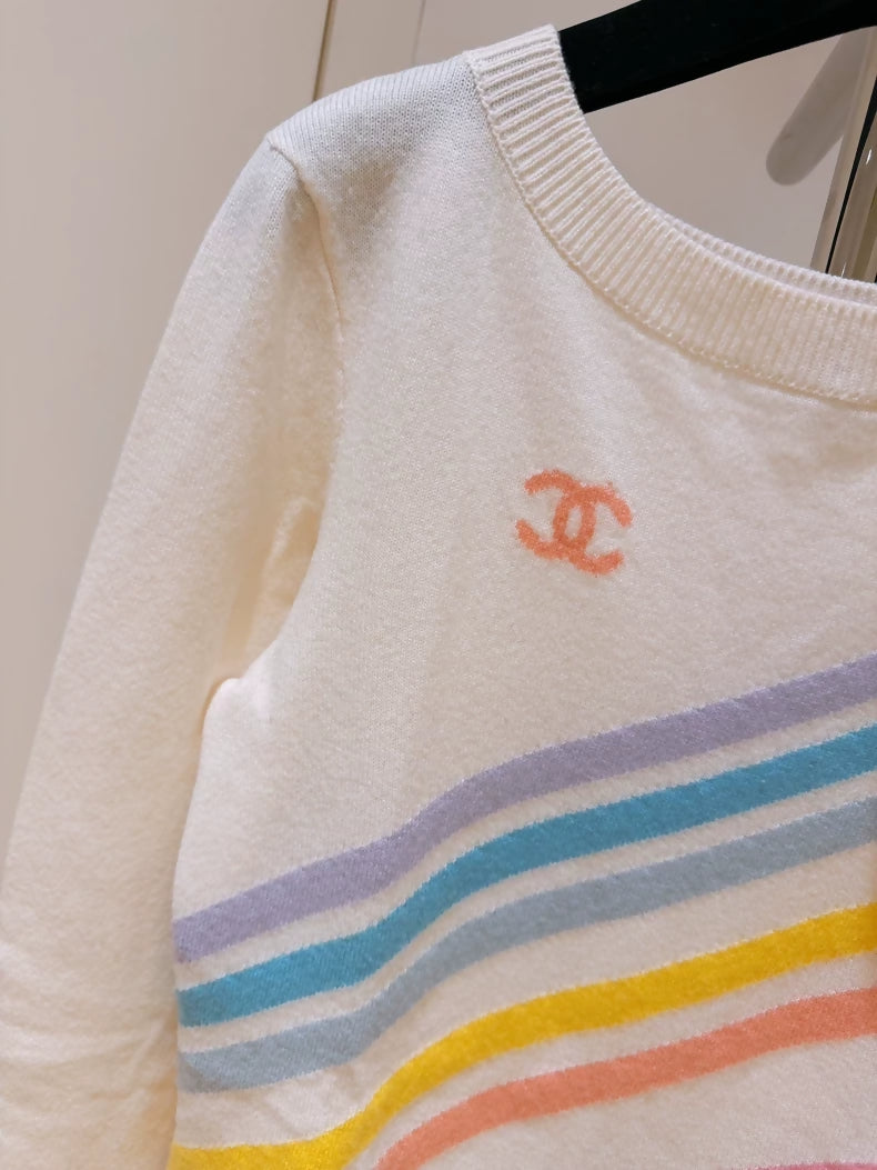 Chanel 19C Rainbow Striped Double C Logo Off-the-Shoulder Cashmere Sweater