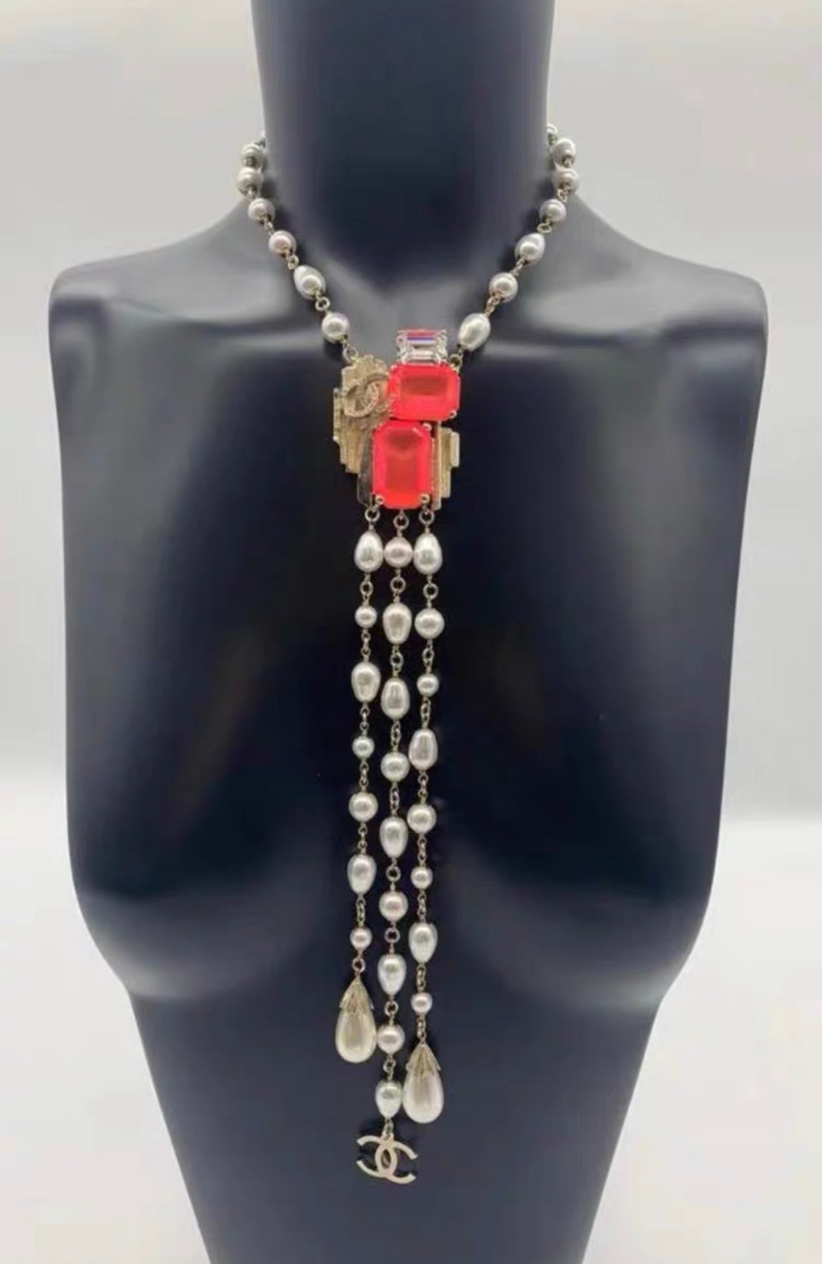 Chanel 21ss Pink Crystal & Pearl long Chain