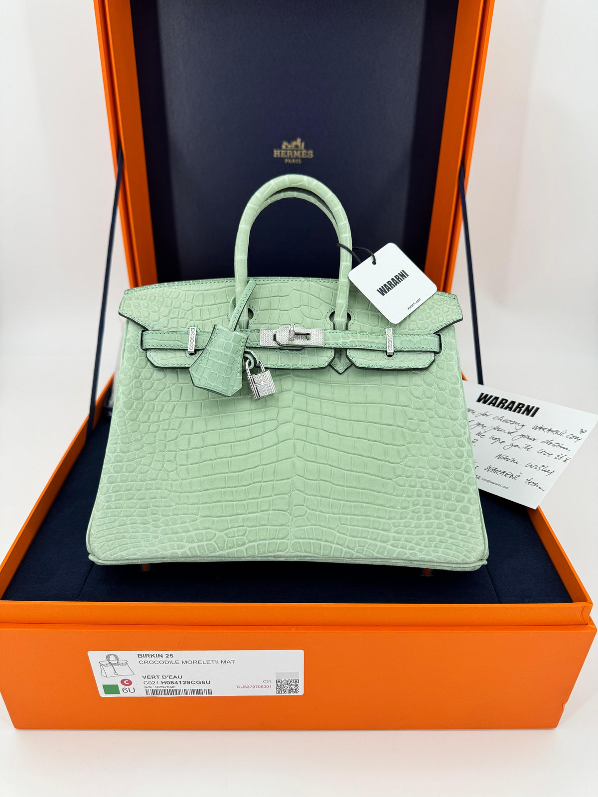 Hermès Birkin 25 Matte Vert d’Eau Crocodile leather with 18K White Gold & Diamond Hardware