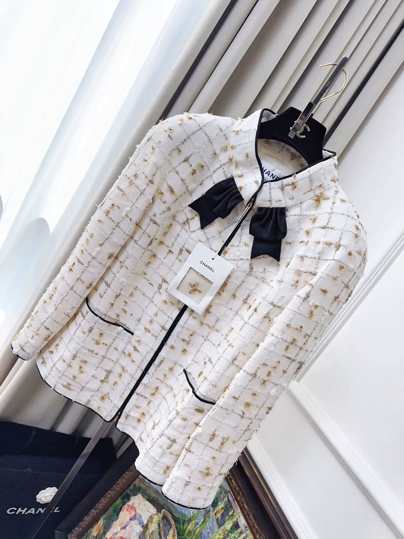 Chanel 19s ecru gold black Bow Tweed Jacket