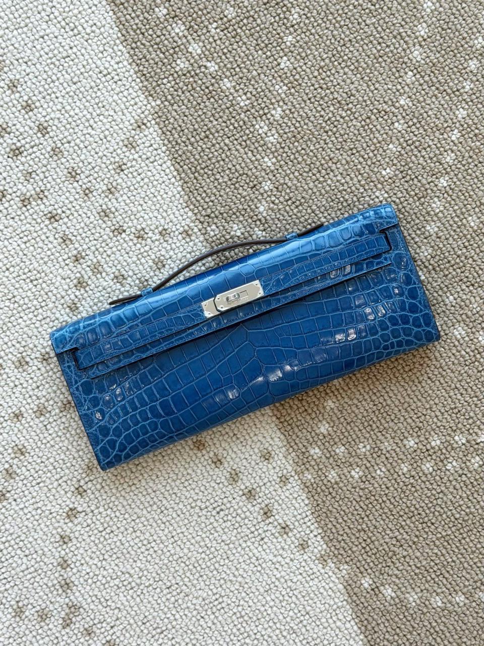 Hermes kelly cut Bleu Izmir Shiny Porosus crocodile leather palladium hardware